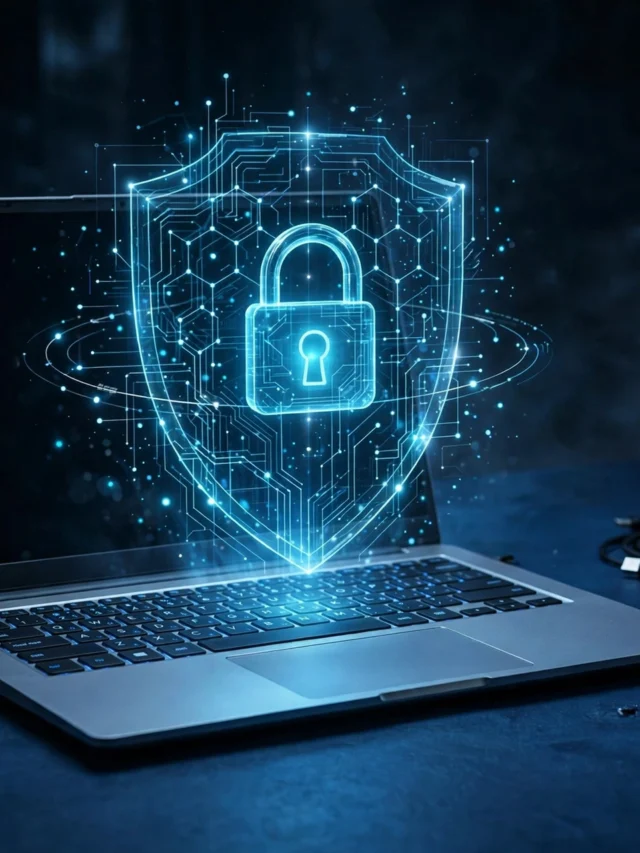 Laptop with a glowing digital shield and padlock hologram above the keyboard on a dark blue desk