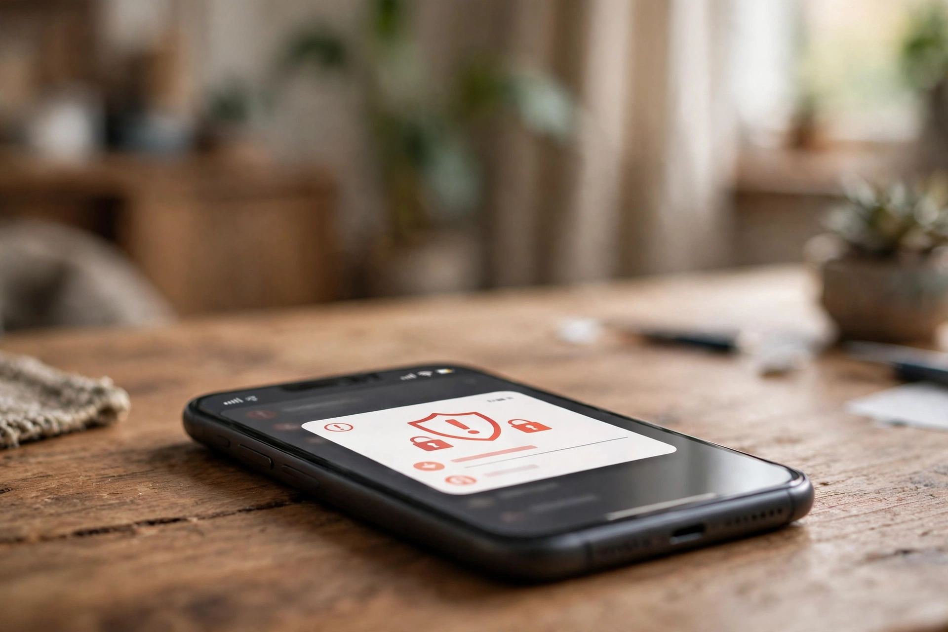 Smartphone on a desk showing a security alert notification