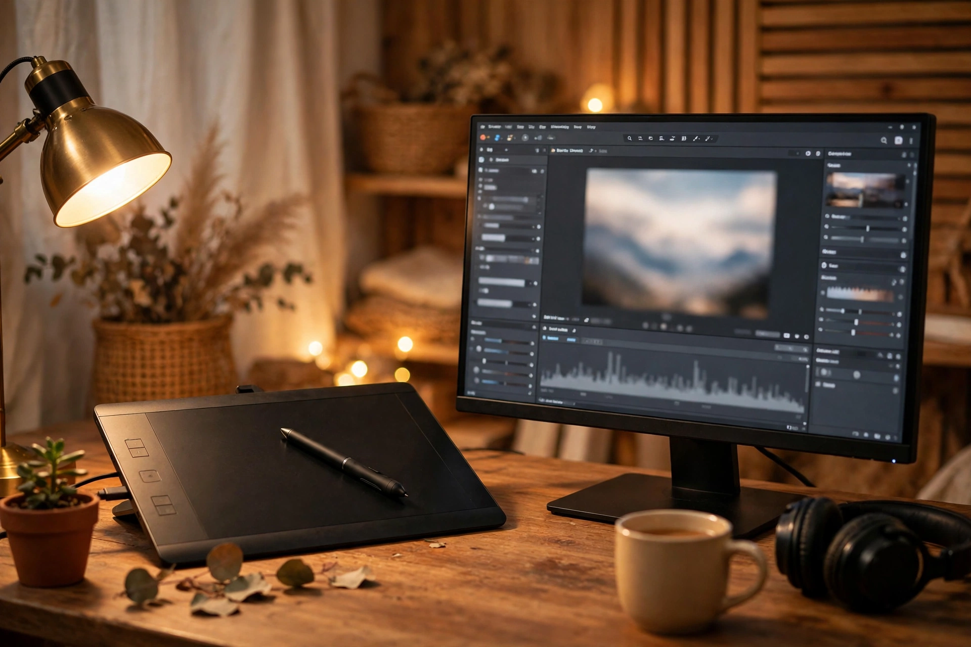 Creative workspace with a graphics drawing tablet and stylus beside a monitor showing photo editing software