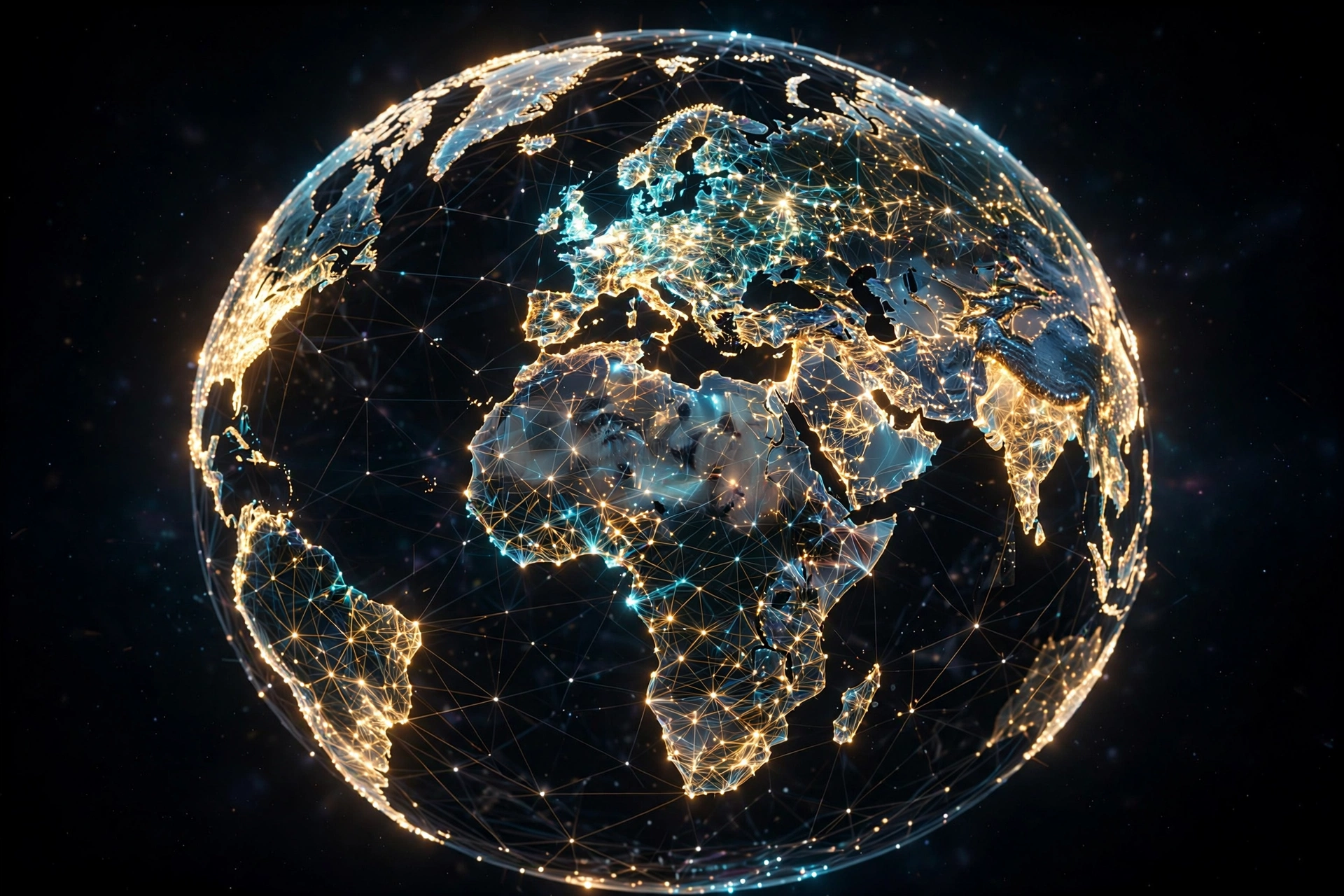 Glowing digital globe with network connection lines across continents on a dark background