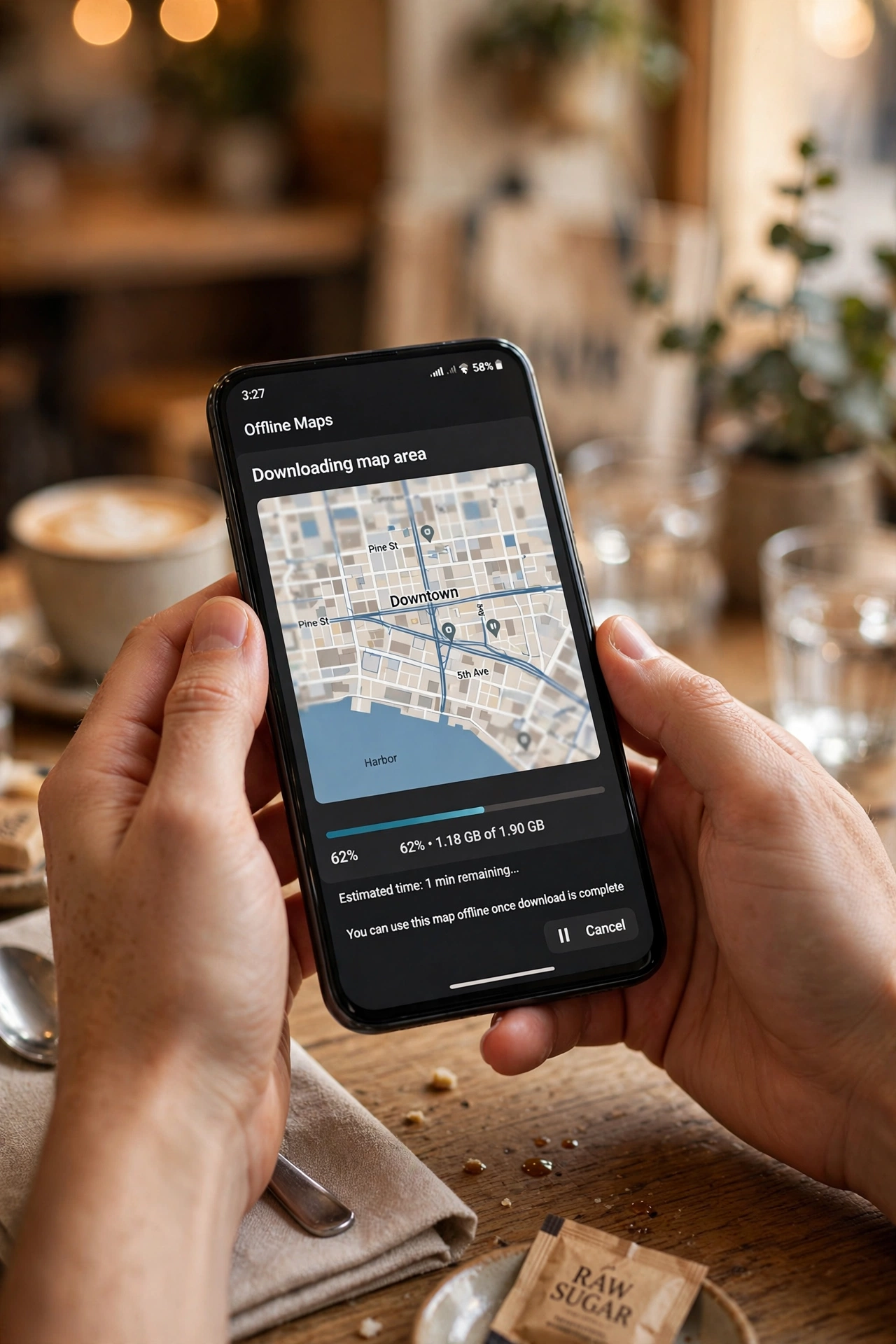 Hands holding a smartphone downloading a map area with a progress indicator on screen
