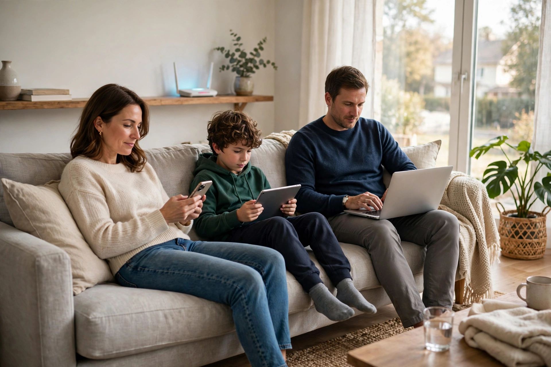 Family relaxing at home using phones, a tablet and a laptop over a secure Wi-Fi connection