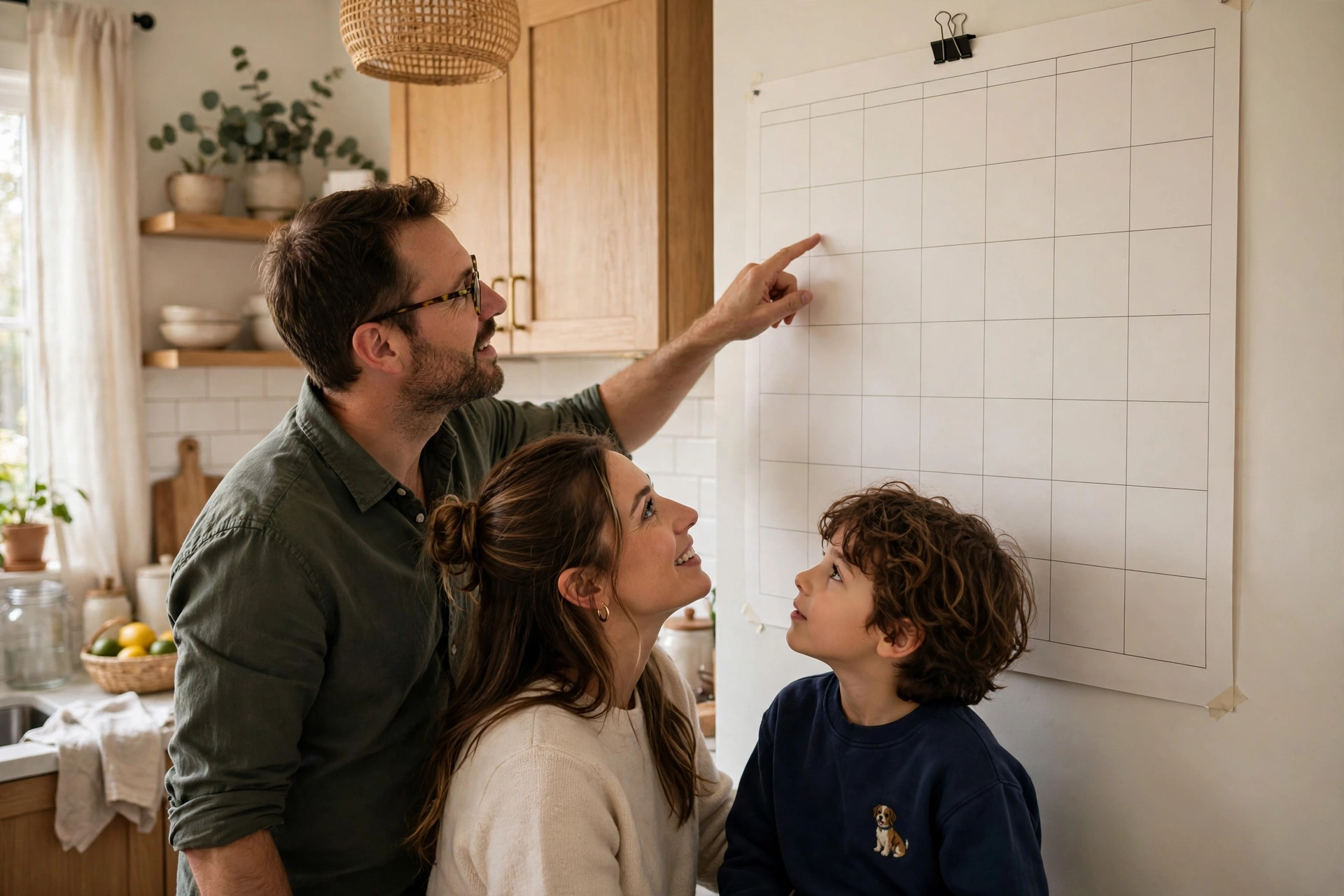 Family of three looking together at a large wall-mounted family calendar in a bright kitchen
