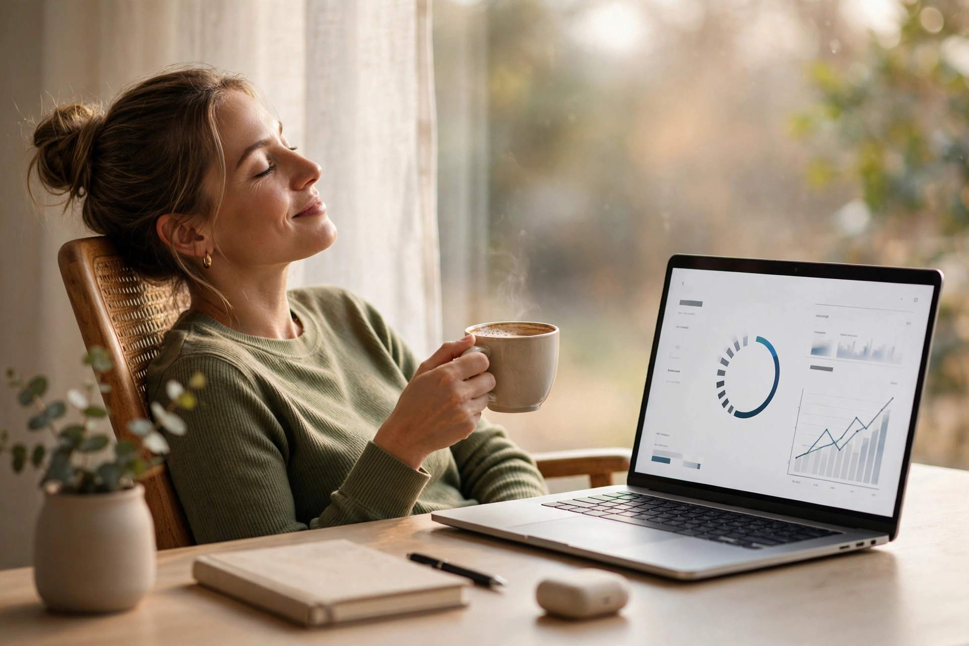 Sleek laptop on a tidy desk loading a webpage quickly while a person relaxes with coffee