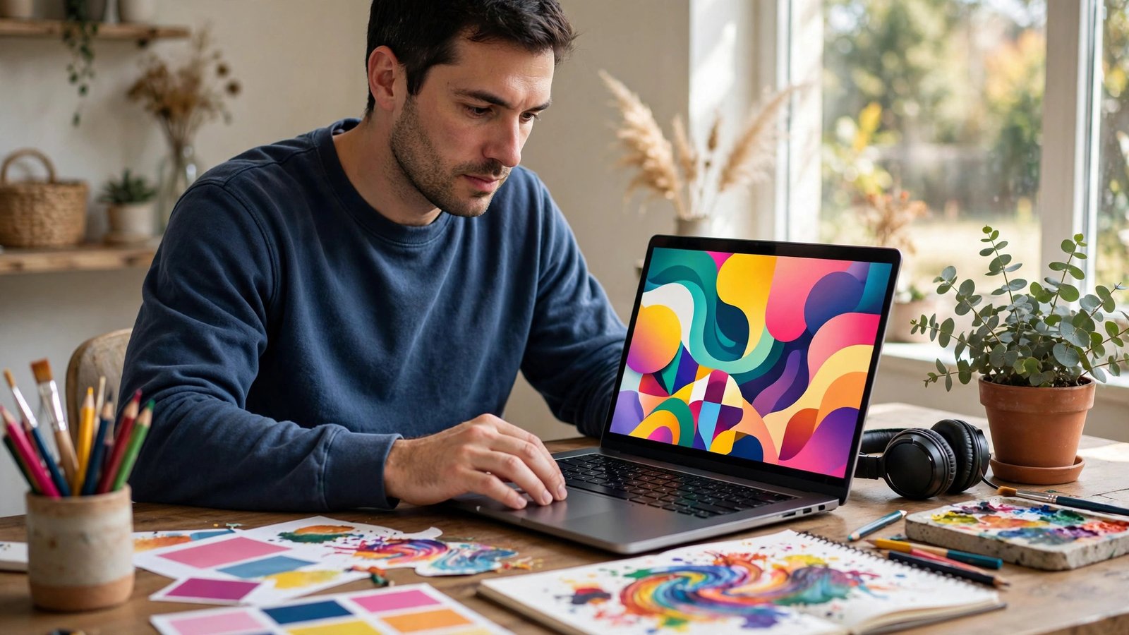Person designing graphics on a laptop with Canva