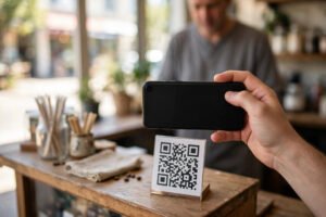 Smartphone scanning a QR code at a shop counter