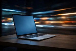 Slow laptop transforming into a fast laptop with speed lines