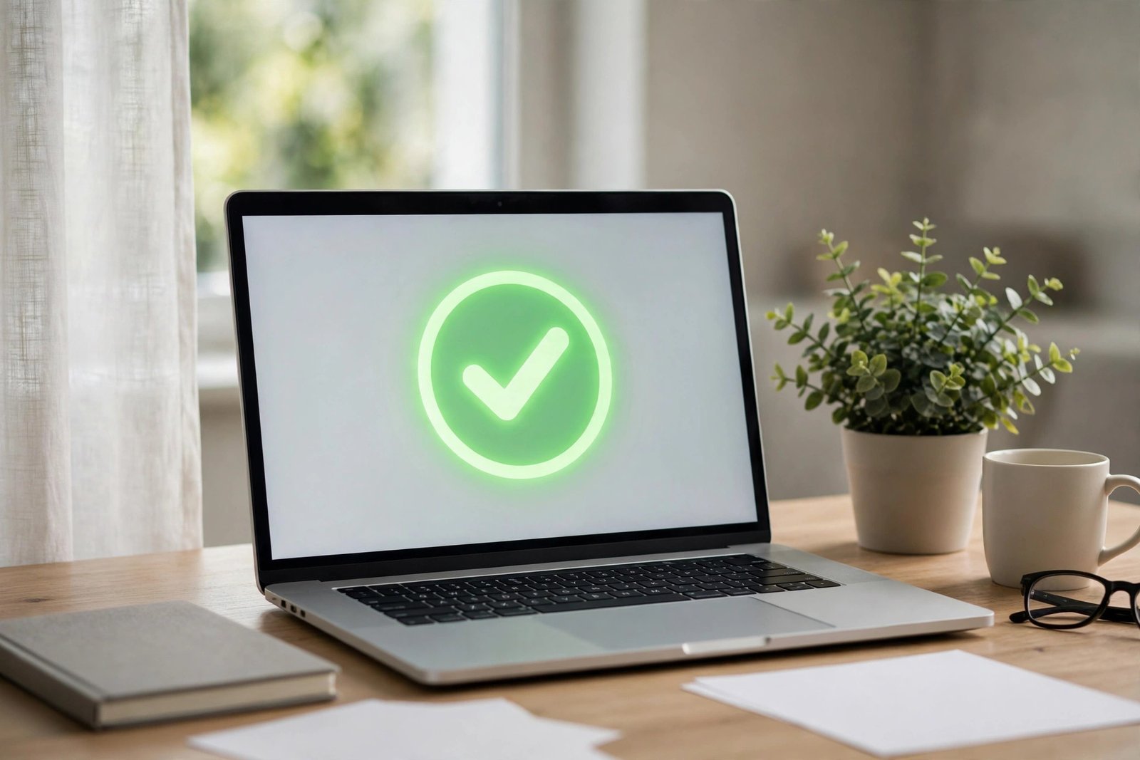 Laptop with a document and a glowing checkmark, showing error-free writing