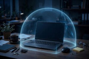 Laptop with a security shield protecting it from threats