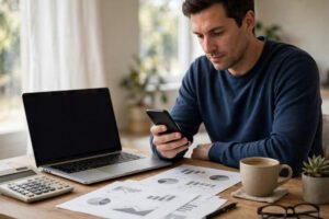 Reviewing monthly subscriptions and bills on a phone and laptop