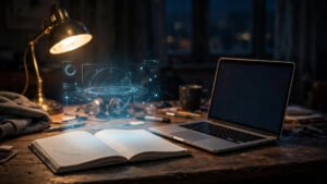 Student desk at night with a glowing AI notebook concept floating above it
