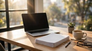 A modern office desk with a laptop, documents, and a cup of coffee