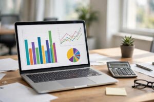 A 3D spreadsheet grid with charts and a calculator on a desk