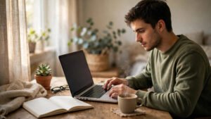 A beginner freelancer working on a laptop at a home desk