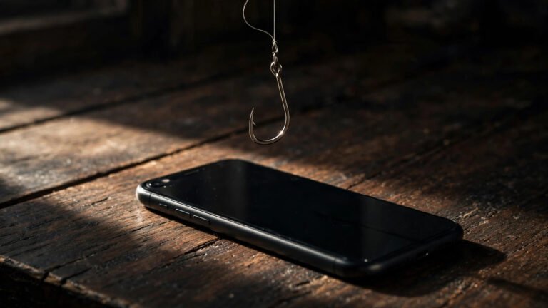 Illustration of a phishing attack concept with a fishing hook over a smartphone
