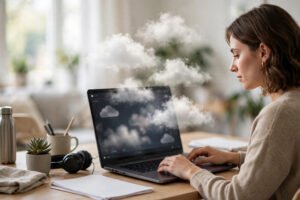 Person organizing files on a laptop at a bright desk with soft cloud shapes above the screen