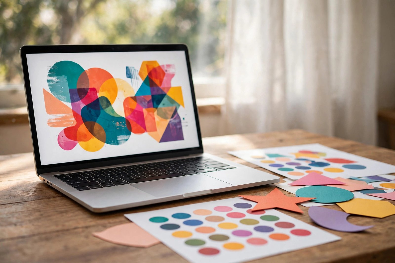 A colorful Canva-style design workspace with a laptop, palette, and shapes