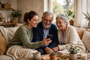 Senior couple learning to use a smartphone with their child