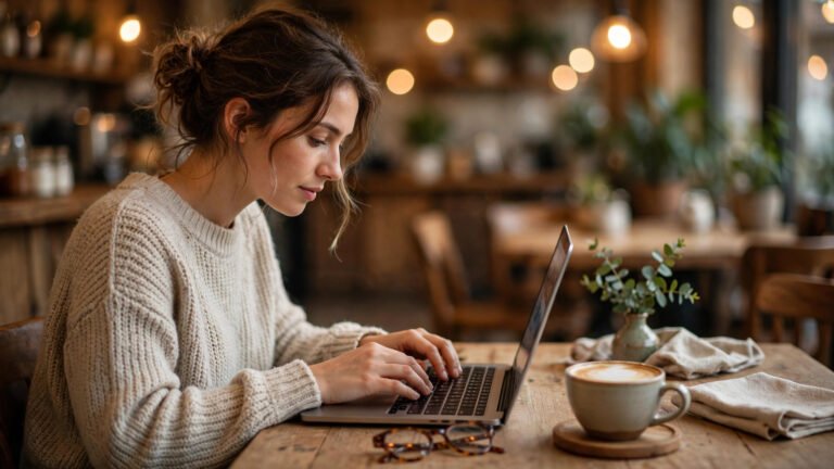 Person using a laptop on cafe WiFi
