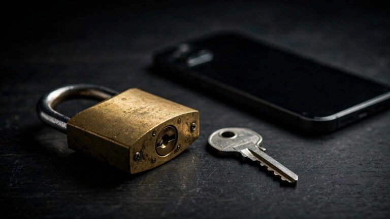 Glowing padlock and key protecting a smartphone