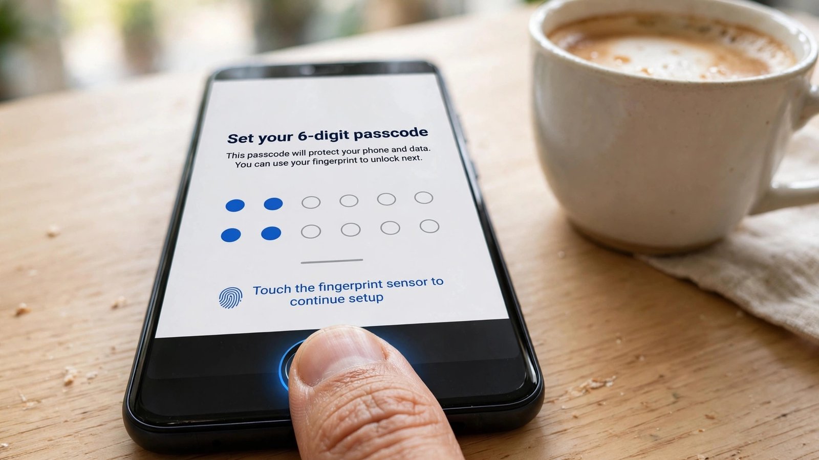 Thumb touching a smartphone fingerprint sensor while a passcode setup screen displays, on a wooden desk