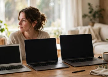 Person comparing three laptops on a desk before buying their first laptop