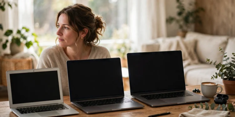 Person comparing three laptops on a desk before buying their first laptop