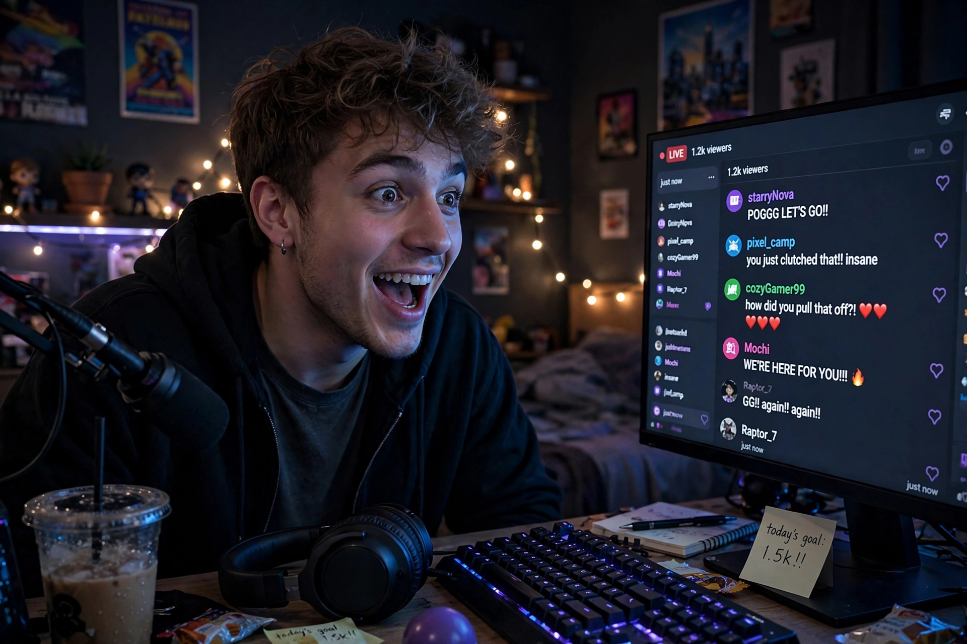 Young man streaming live from his bedroom desk with live viewer comments on the screen beside him