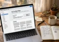 Laptop on a wooden desk showing a drag-and-drop website builder with a half-finished portfolio website, coffee mug and notebook beside it