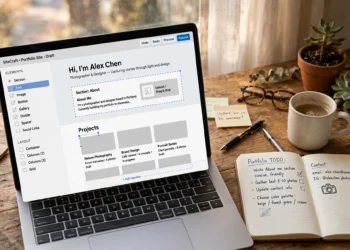 Laptop on a wooden desk showing a drag-and-drop website builder with a half-finished portfolio website, coffee mug and notebook beside it