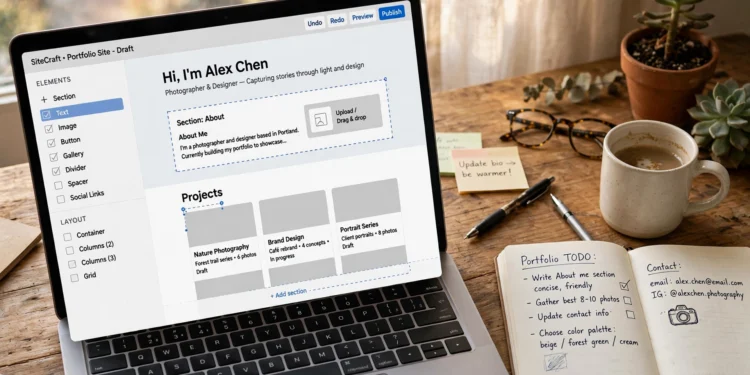Laptop on a wooden desk showing a drag-and-drop website builder with a half-finished portfolio website, coffee mug and notebook beside it