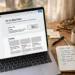Laptop on a wooden desk showing a drag-and-drop website builder with a half-finished portfolio website, coffee mug and notebook beside it