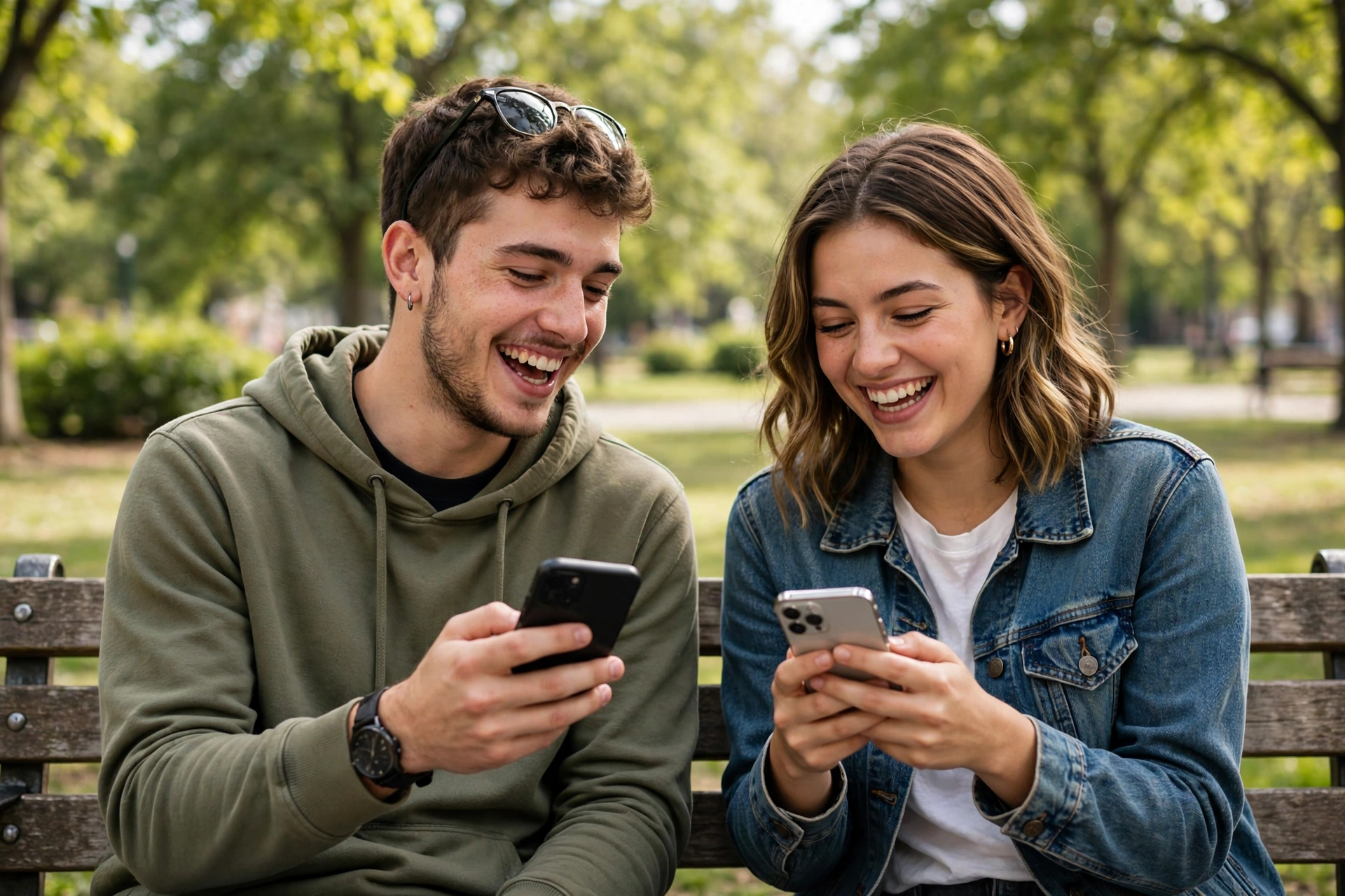 Two friends laughing on a park bench while messaging on their smartphones