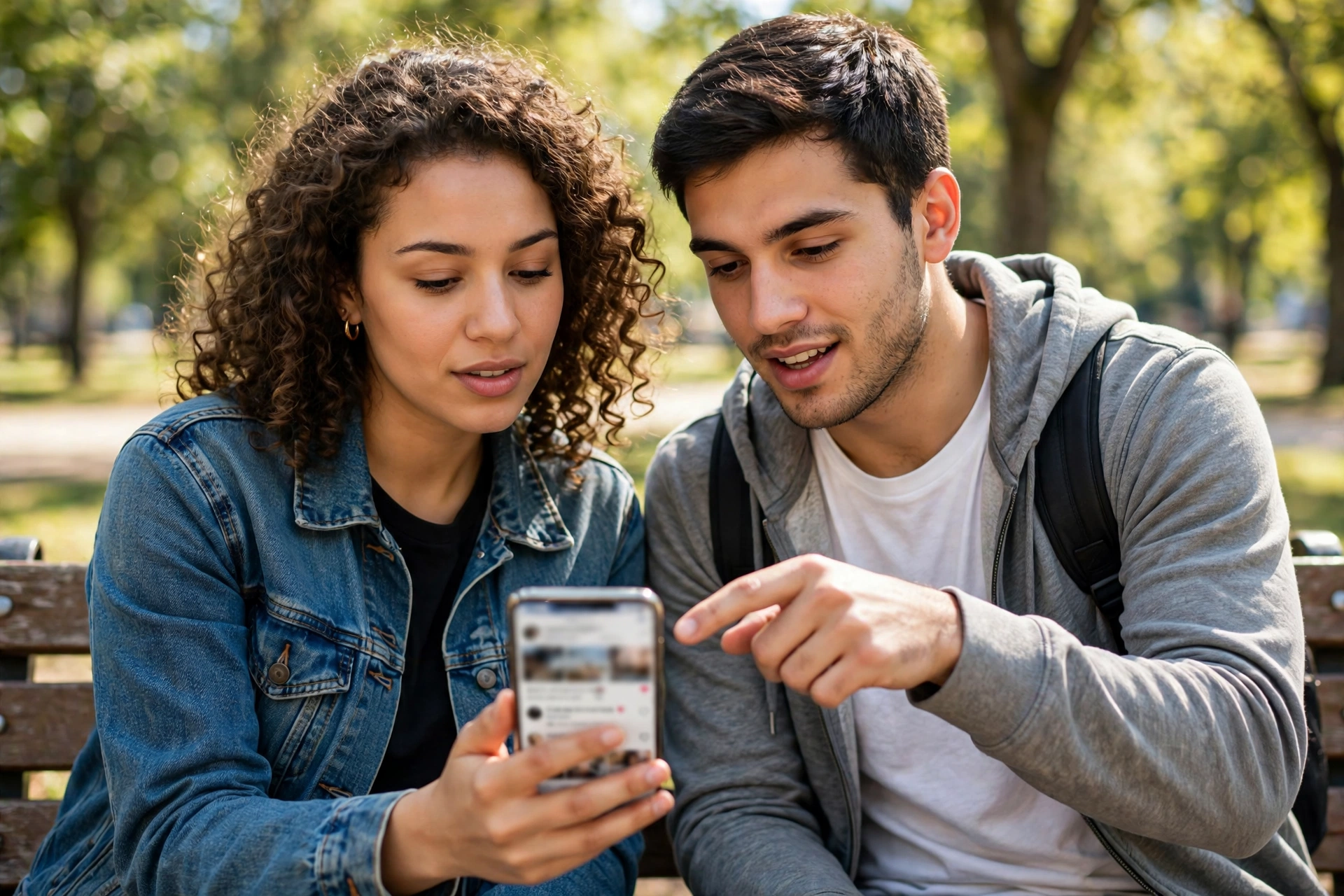 Two friends fact-checking a viral social media post on a smartphone in a park