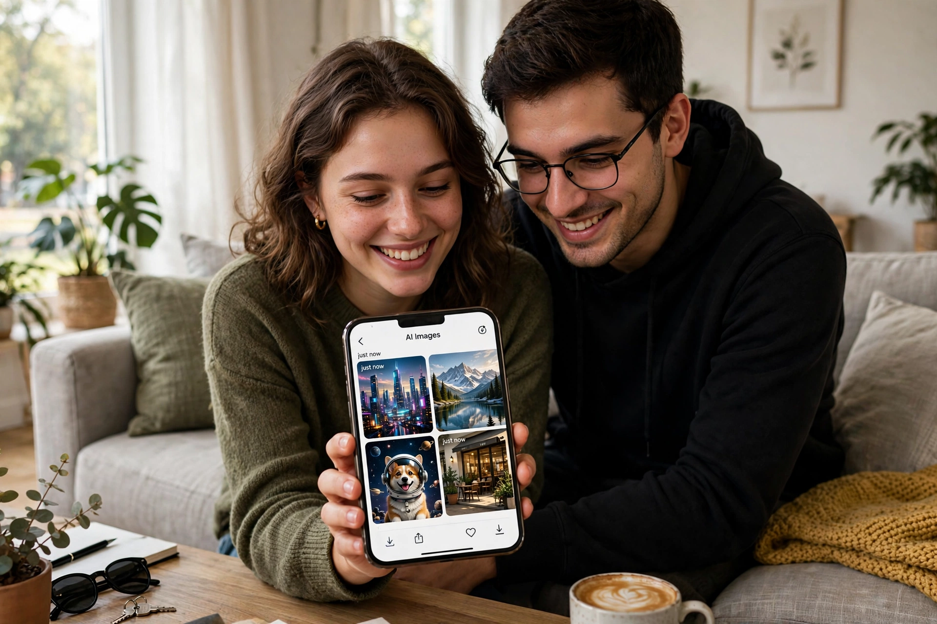 Two friends smiling while viewing AI-generated images on a smartphone