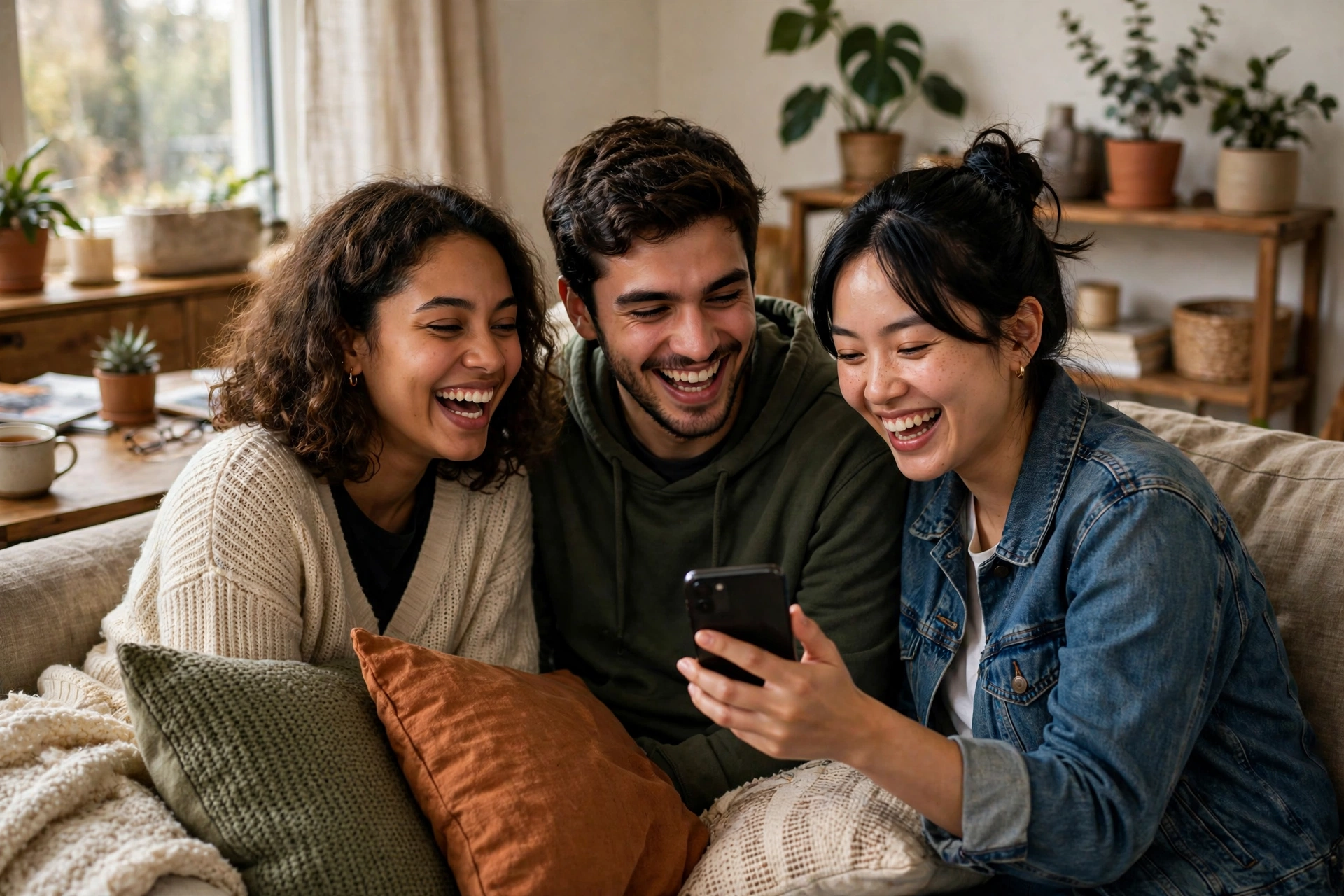 Three friends laughing together on a couch while watching a smartphone