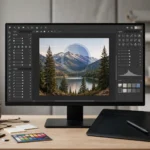 Desktop monitor showing a photo editing workspace with toolbars and a landscape photo being edited, with a graphics tablet on the desk
