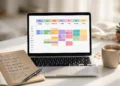 Laptop showing a colorful weekly calendar planner on screen with a notebook, pen and coffee on a white desk