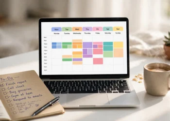 Laptop showing a colorful weekly calendar planner on screen with a notebook, pen and coffee on a white desk