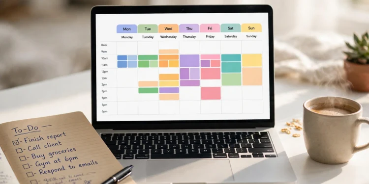 Laptop showing a colorful weekly calendar planner on screen with a notebook, pen and coffee on a white desk
