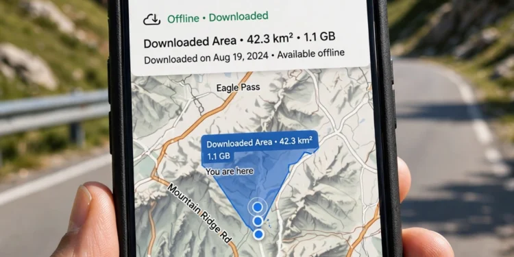Smartphone displaying a downloaded offline map area held against a scenic mountain road