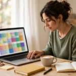 Beginner working on Google Sheets formulas on a laptop at a bright home desk with notebook and coffee
