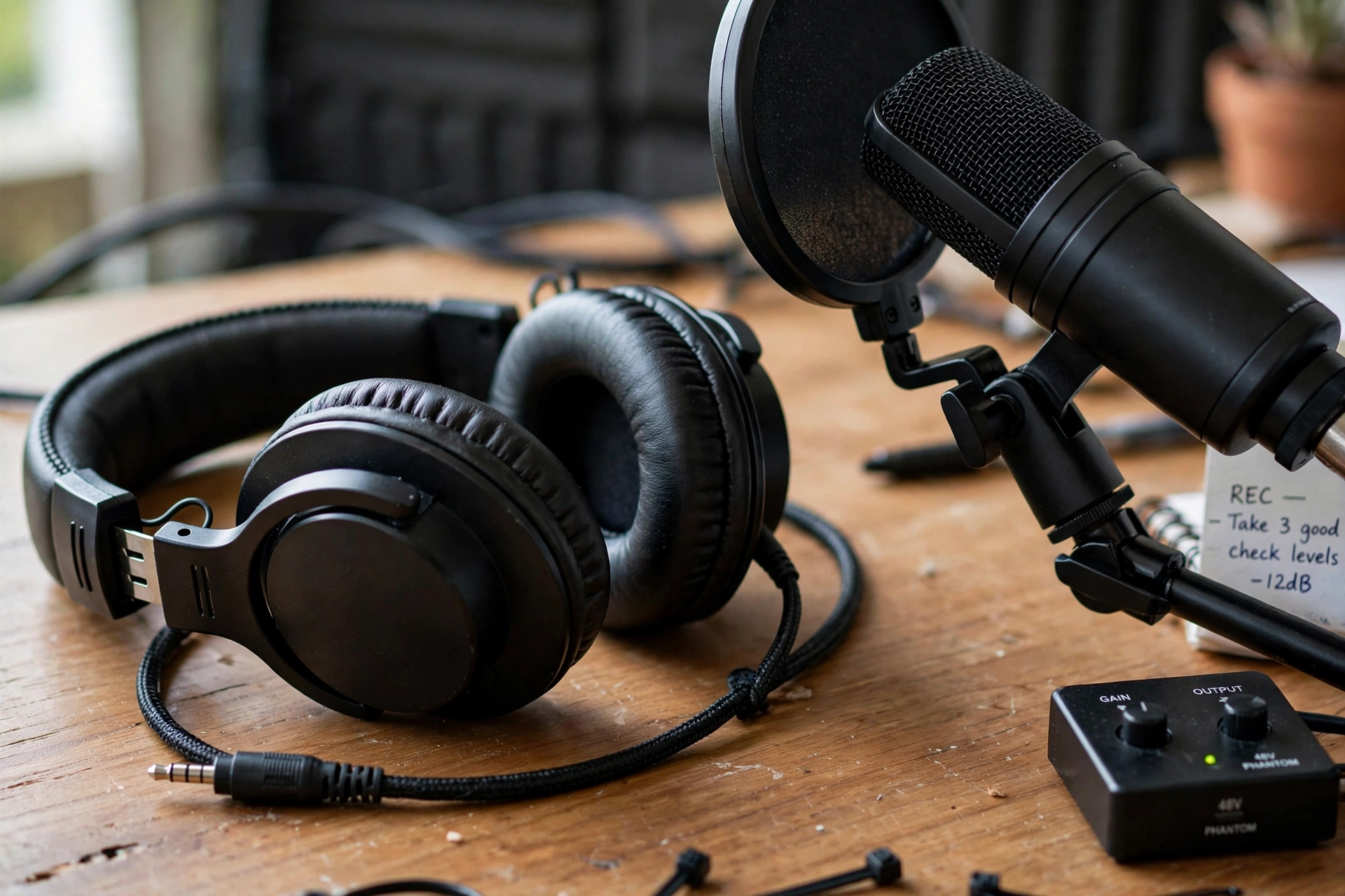 Photorealistic close-up of headphones resting on a desk next to a microphone in a small home recording setup