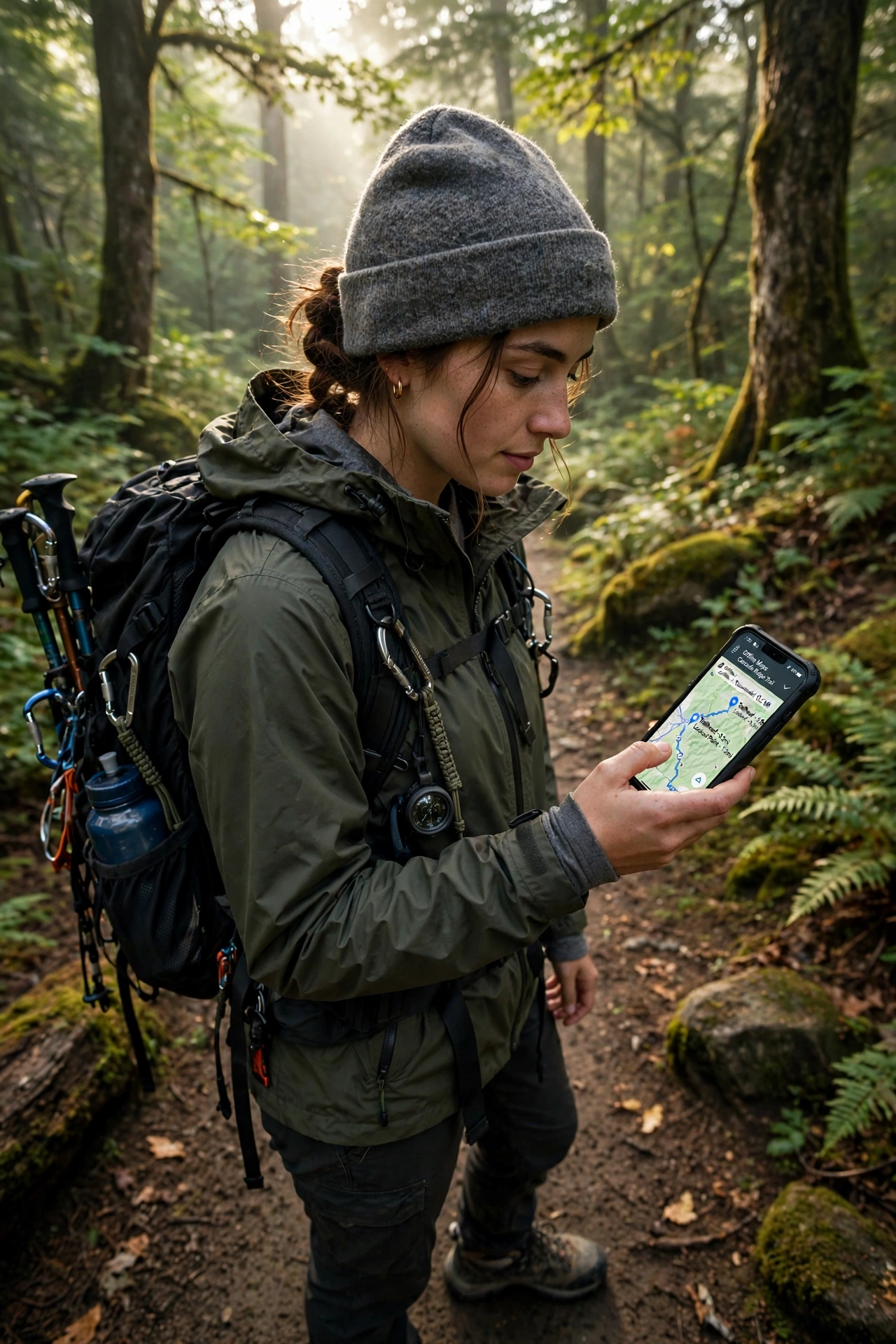 Hiker on a forest trail consulting an offline route on a smartphone