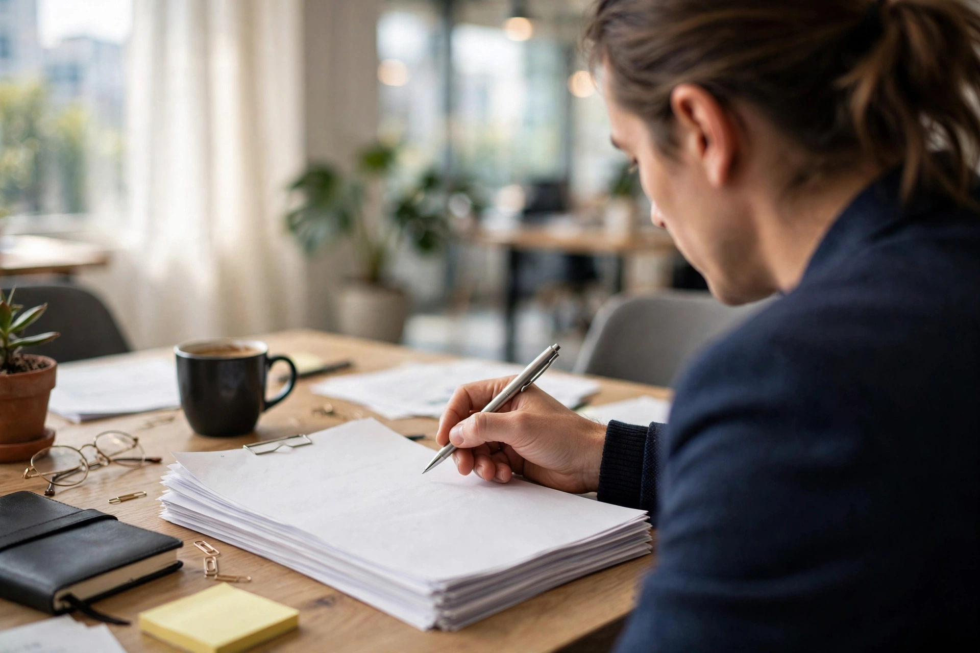 Hiring manager reading a stack of printed resumes at an office desk