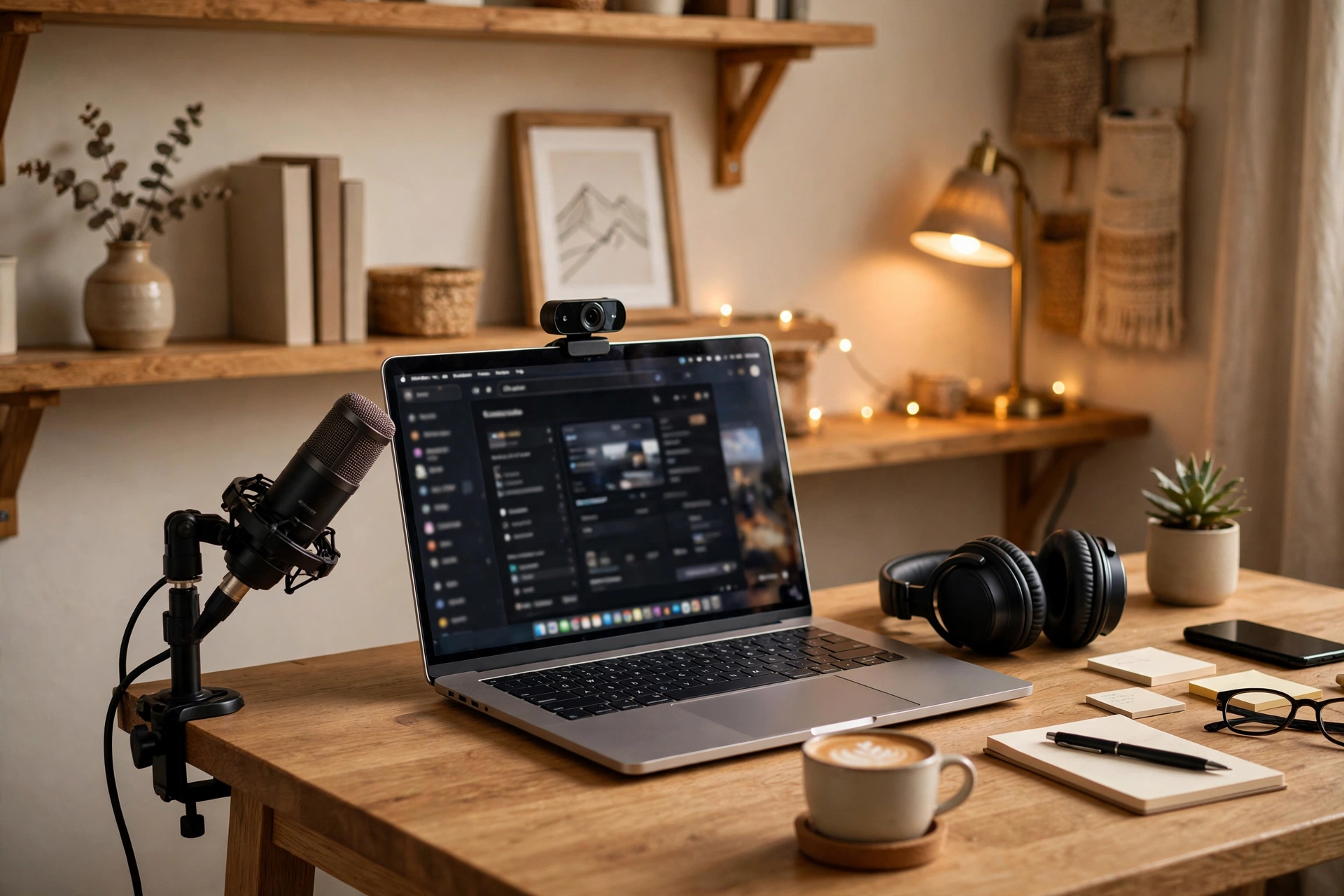 Tidy home streaming desk with webcam, USB microphone on arm, headphones and laptop