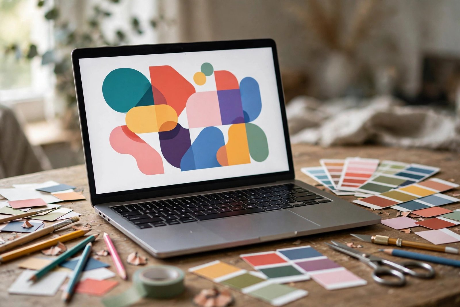 Laptop with colorful design elements floating above it
