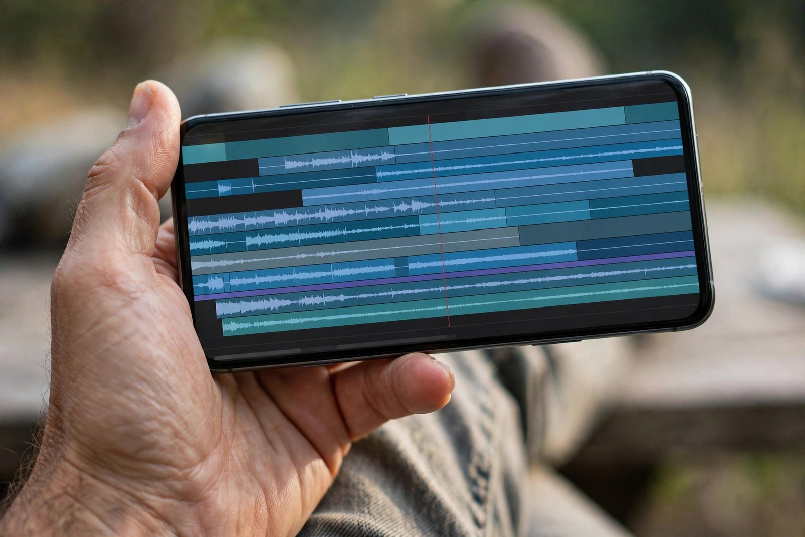Smartphone showing a video editing timeline with film icons