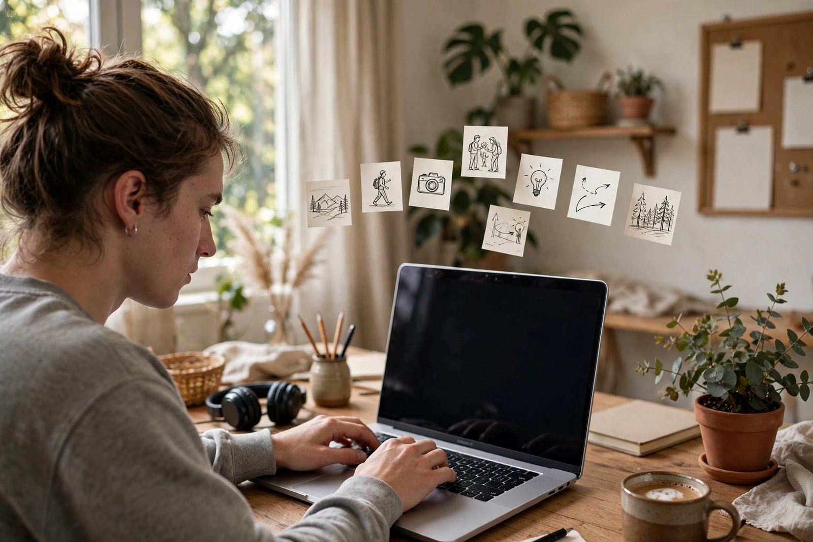 A person typing a video script on a laptop with storyboard thumbnail scenes appearing above the screen