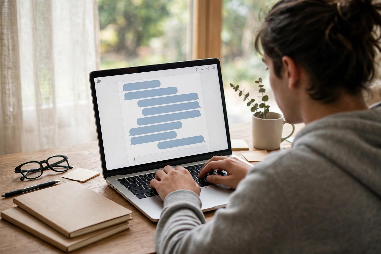 A student typing a question into a chat window on a laptop